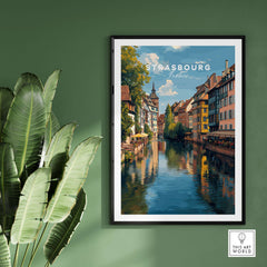 Strasbourg Poster France Wall Decor showcasing scenic architecture by the canals in Strasbourg, France.