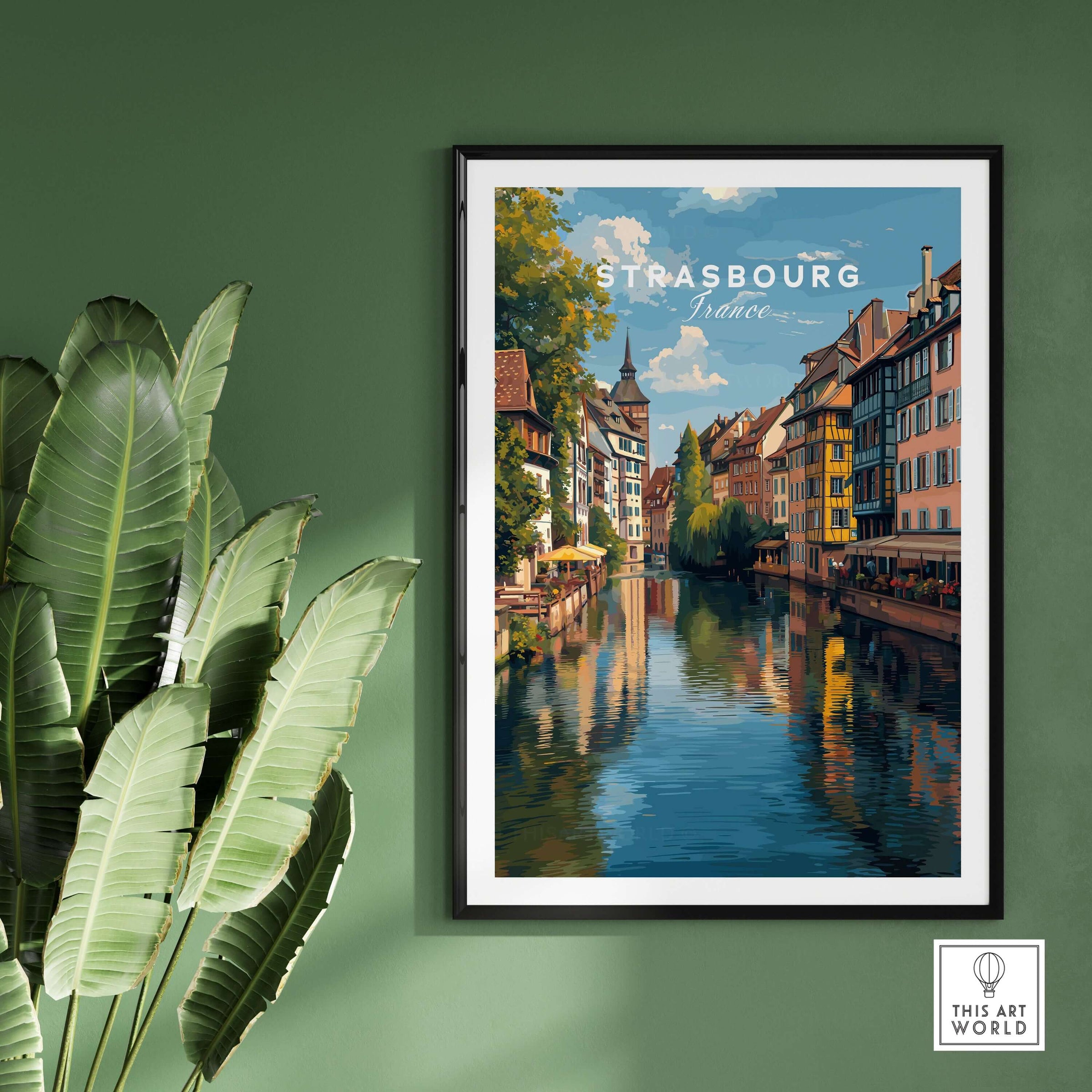 Strasbourg Poster France Wall Decor showcasing scenic architecture by the canals in Strasbourg, France.