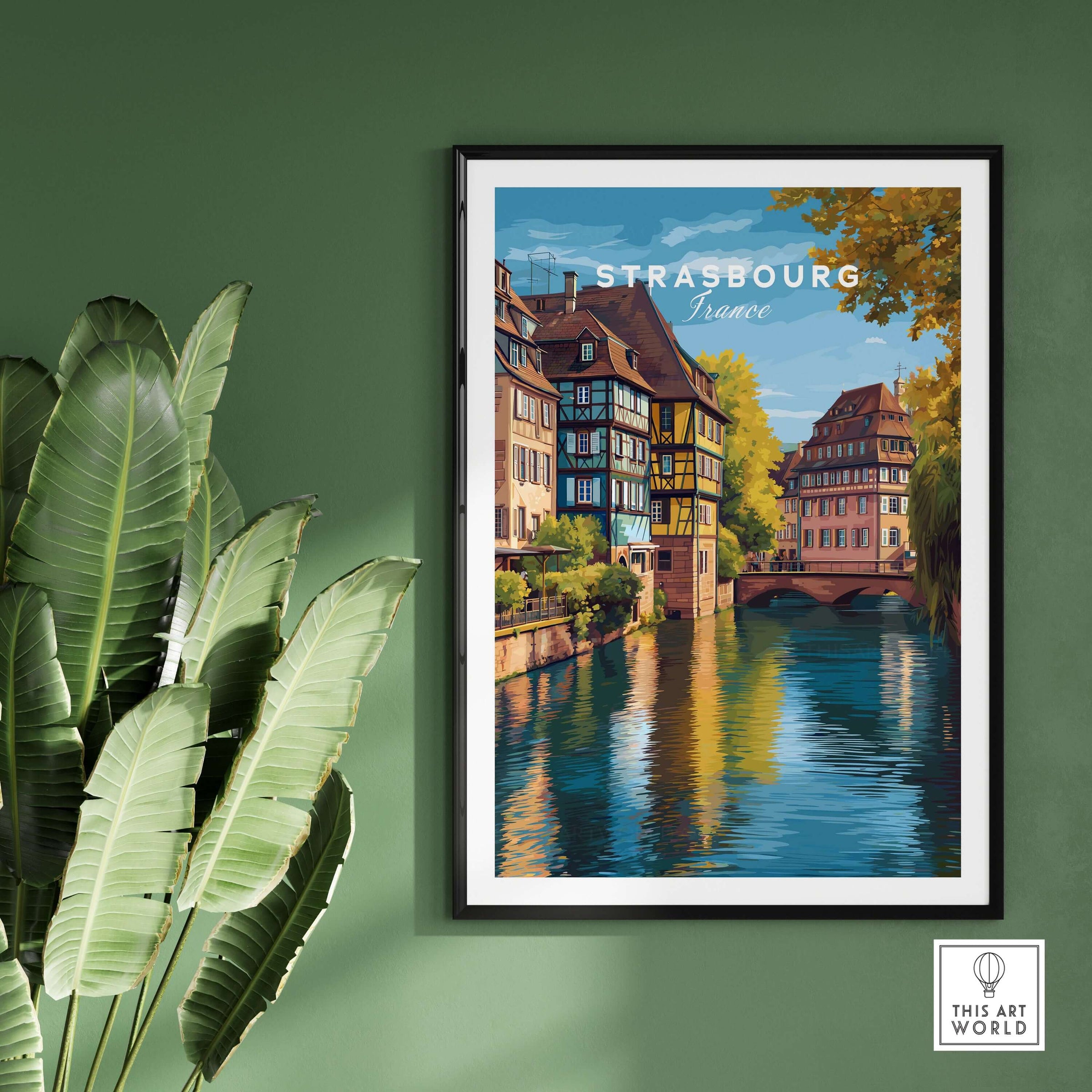 Strasbourg Print France Poster showcasing picturesque architecture and vibrant waters in a framed design.