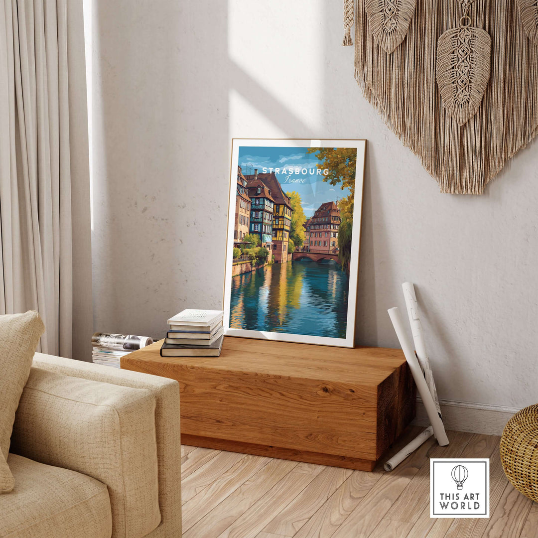 Strasbourg Print France Poster displayed in a cozy living room showcasing picturesque architecture and scenic river views.