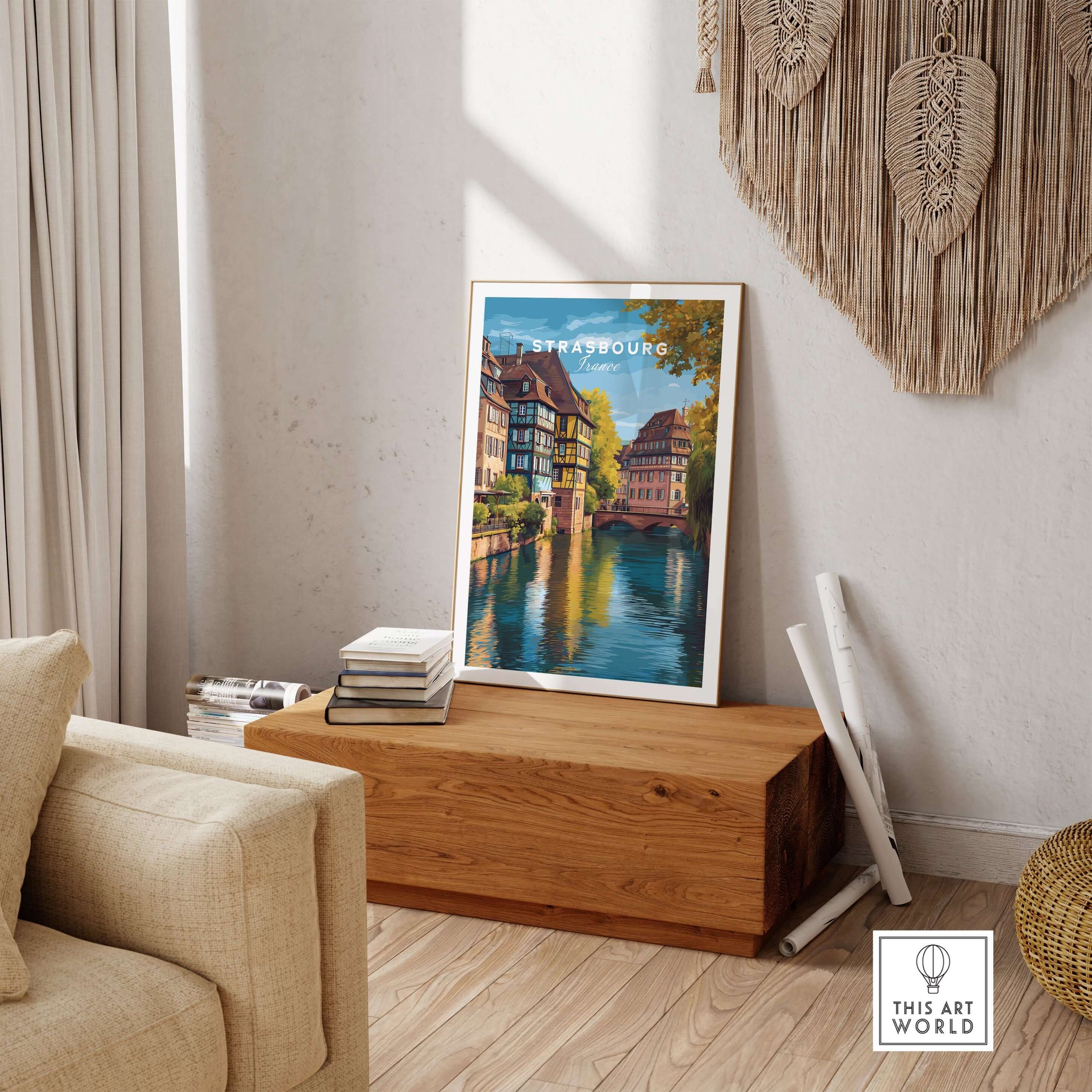 Strasbourg Print France Poster displayed in a cozy living room, showcasing Strasbourg’s beautiful architecture and river view.