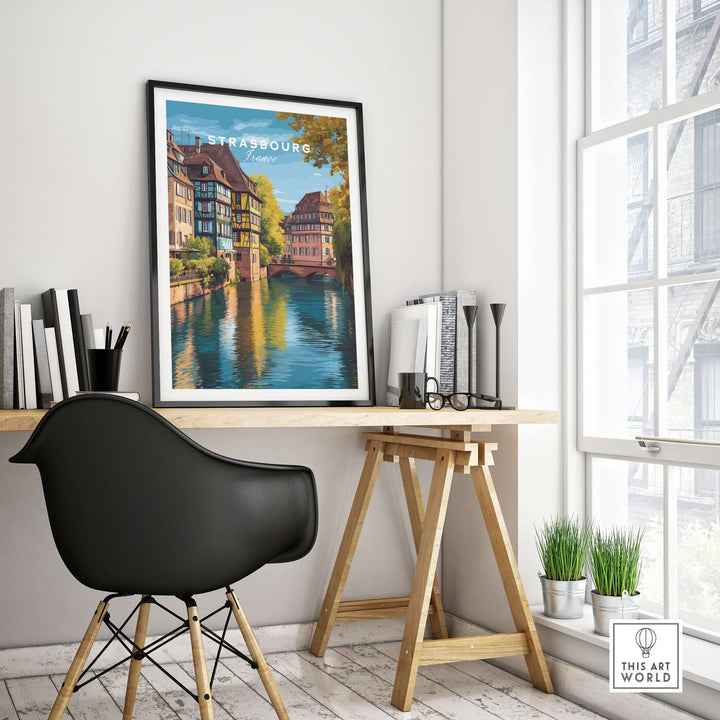 Strasbourg Print France Poster showcasing picturesque architecture in a stylish home office setting.