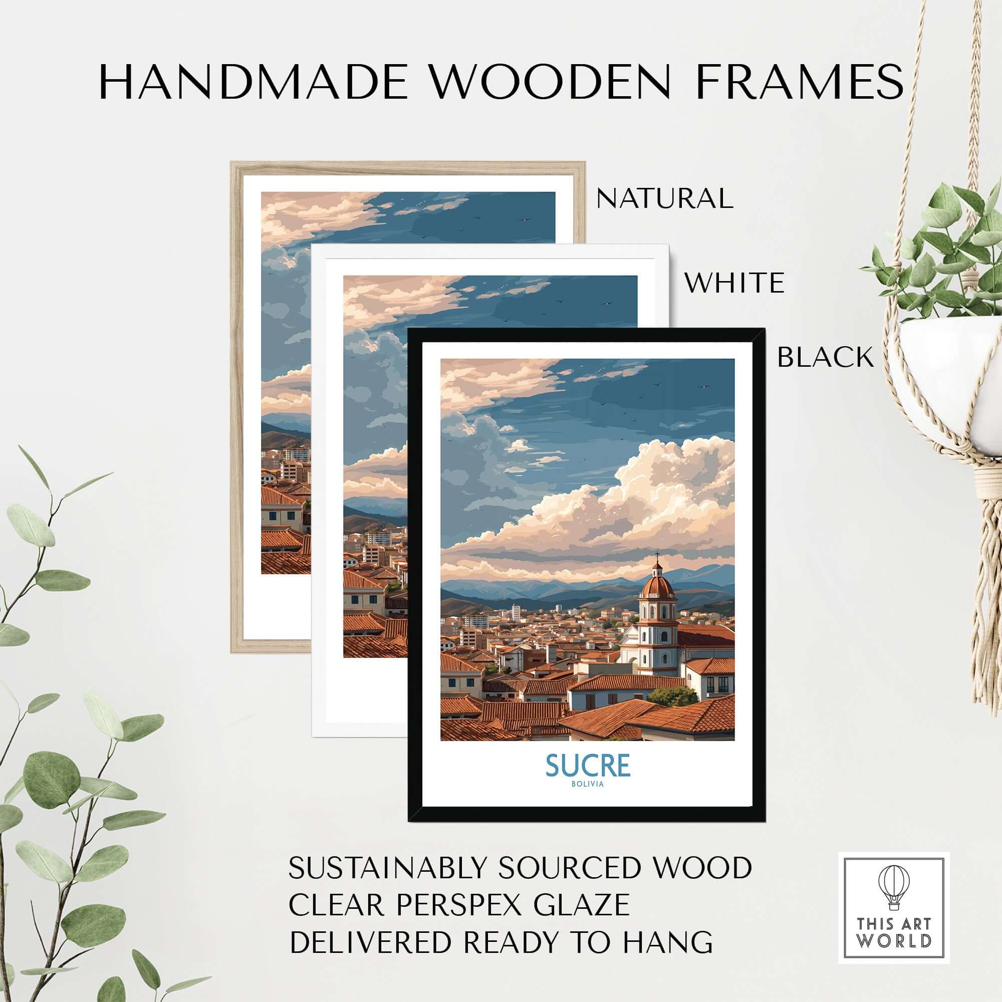 Sucre Bolivia Art Print | Mountain Skyline Poster displayed in natural, white, and black handmade wooden frames.