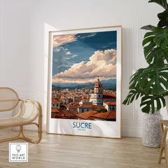 Sucre Bolivia Art Print | Mountain Skyline Poster featuring whimsical clouds and historic architecture.