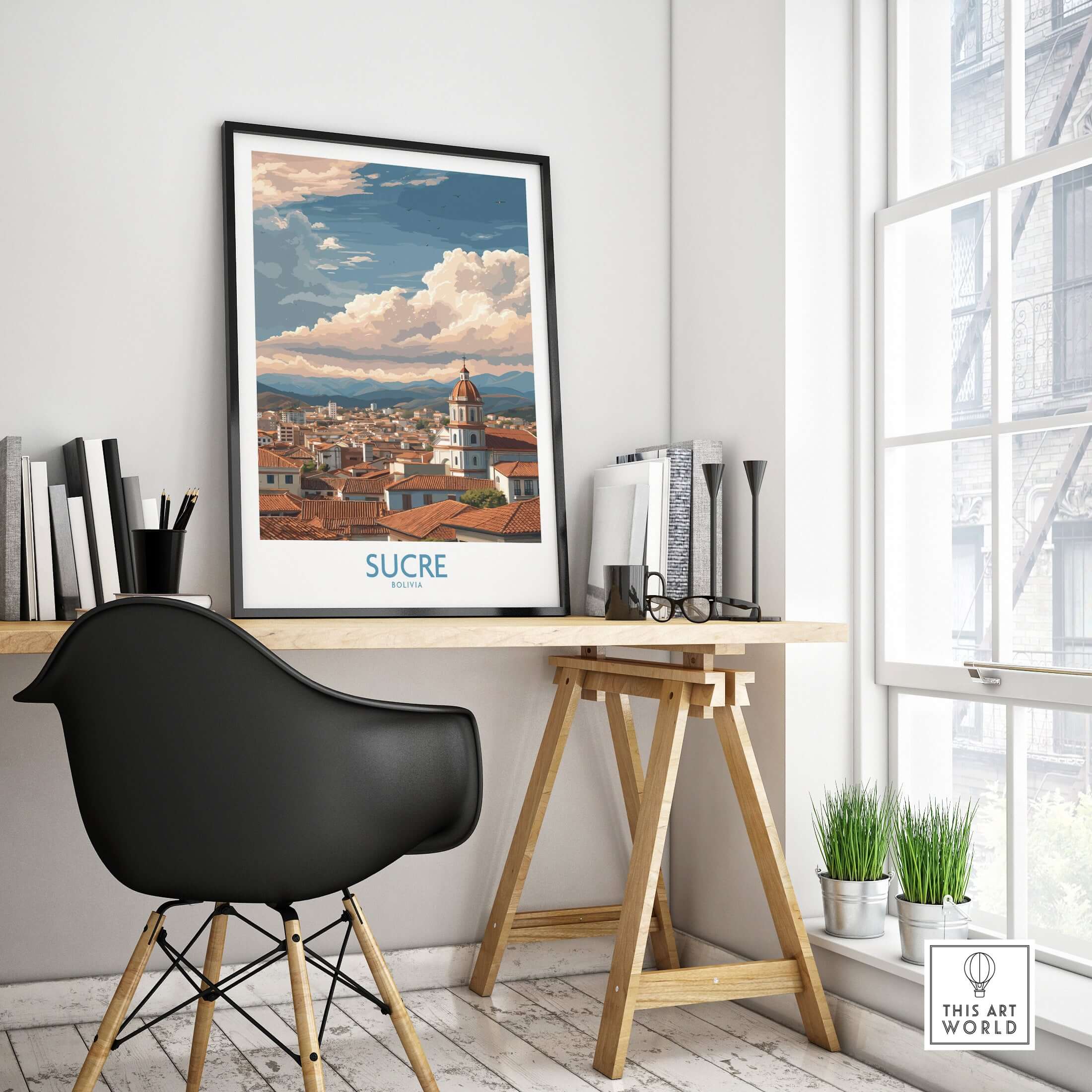 Sucre Bolivia Art Print | Mountain Skyline Poster displayed in a stylish workspace setting, featuring vibrant colors and scenic views.