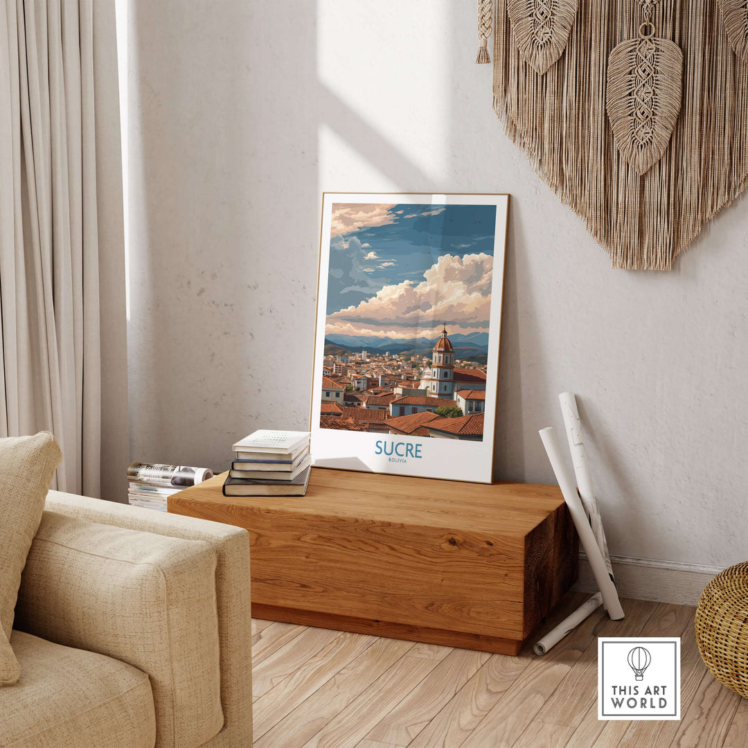Sucre Bolivia Art Print | Mountain Skyline Poster displayed in a cozy living room setting on a wooden box.