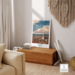 Sucre Bolivia Art Print | Mountain Skyline Poster displayed in a stylish interior with wooden decor.