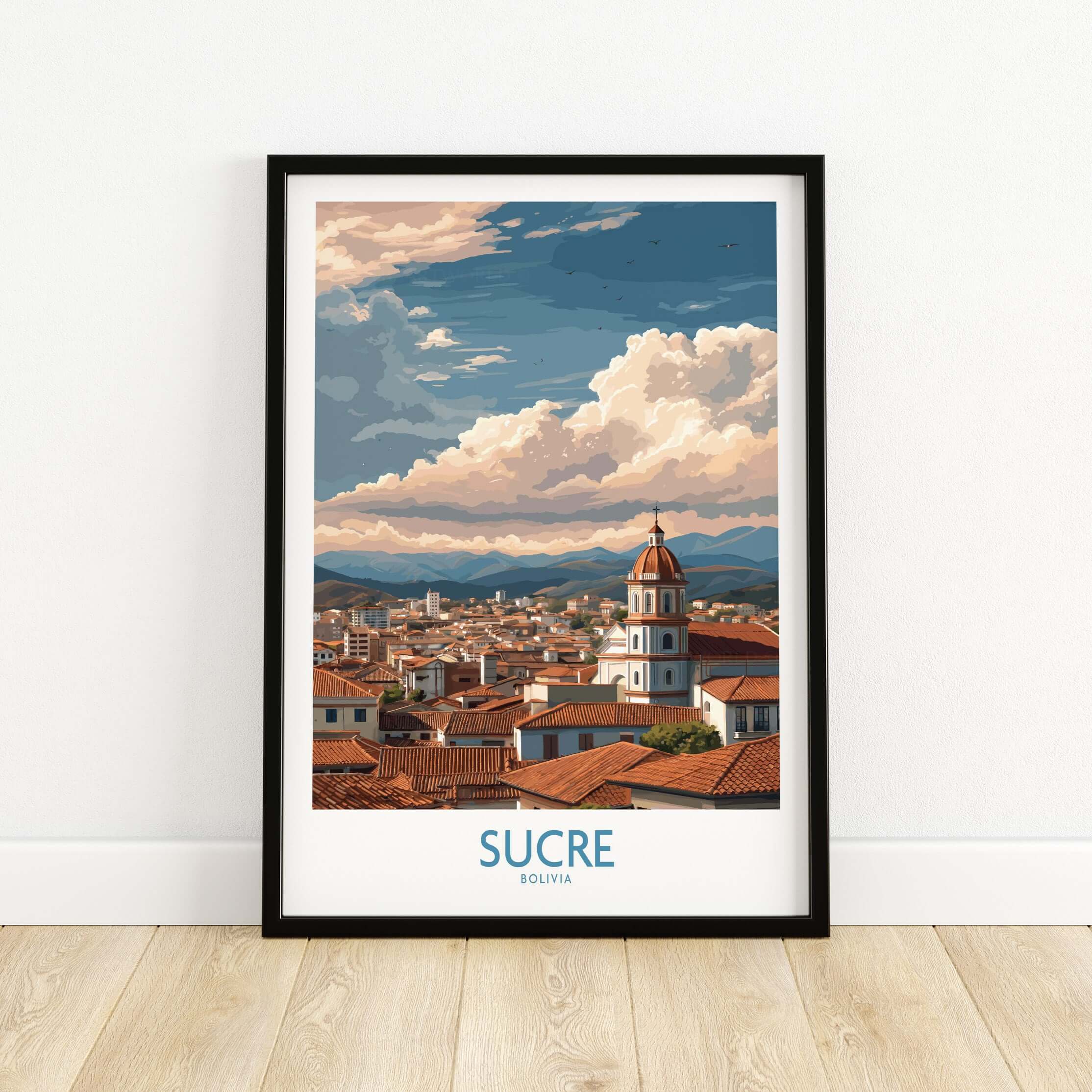 Sucre Bolivia Art Print | Mountain Skyline Poster showcasing a vibrant cityscape with mountains and beautiful clouds.