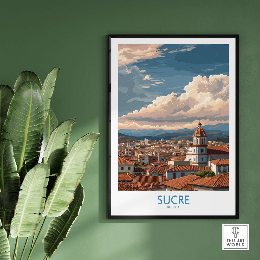 Sucre Bolivia Art Print | Mountain Skyline Poster showcasing vibrant cityscape and clouds with lush greenery.
