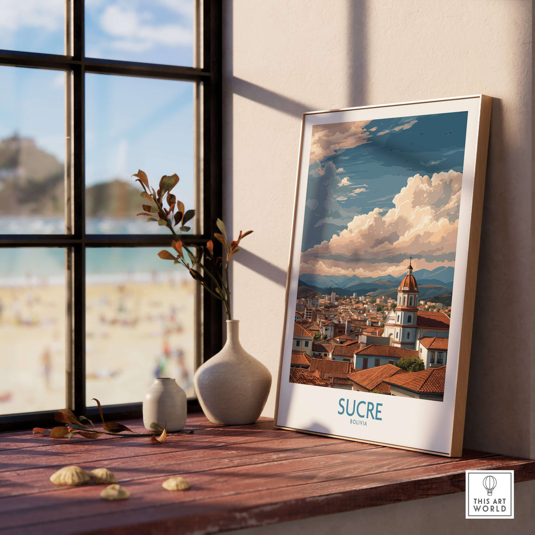 Sucre Bolivia Art Print | Mountain Skyline Poster displayed in a bright room with a beautiful view.