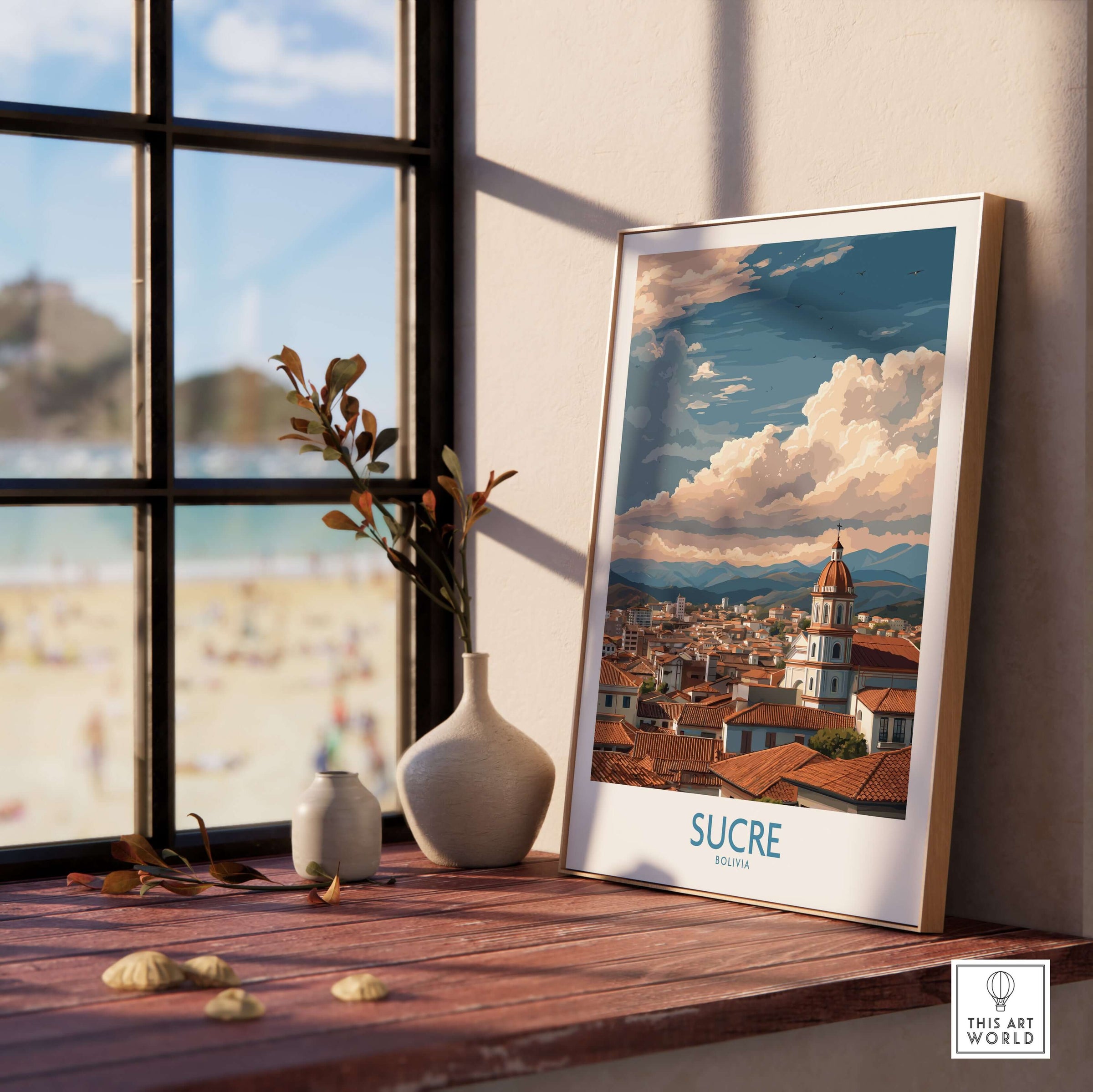 Sucre Bolivia Art Print | Mountain Skyline Poster displayed in a bright room, showcasing the vibrant city and mountains.