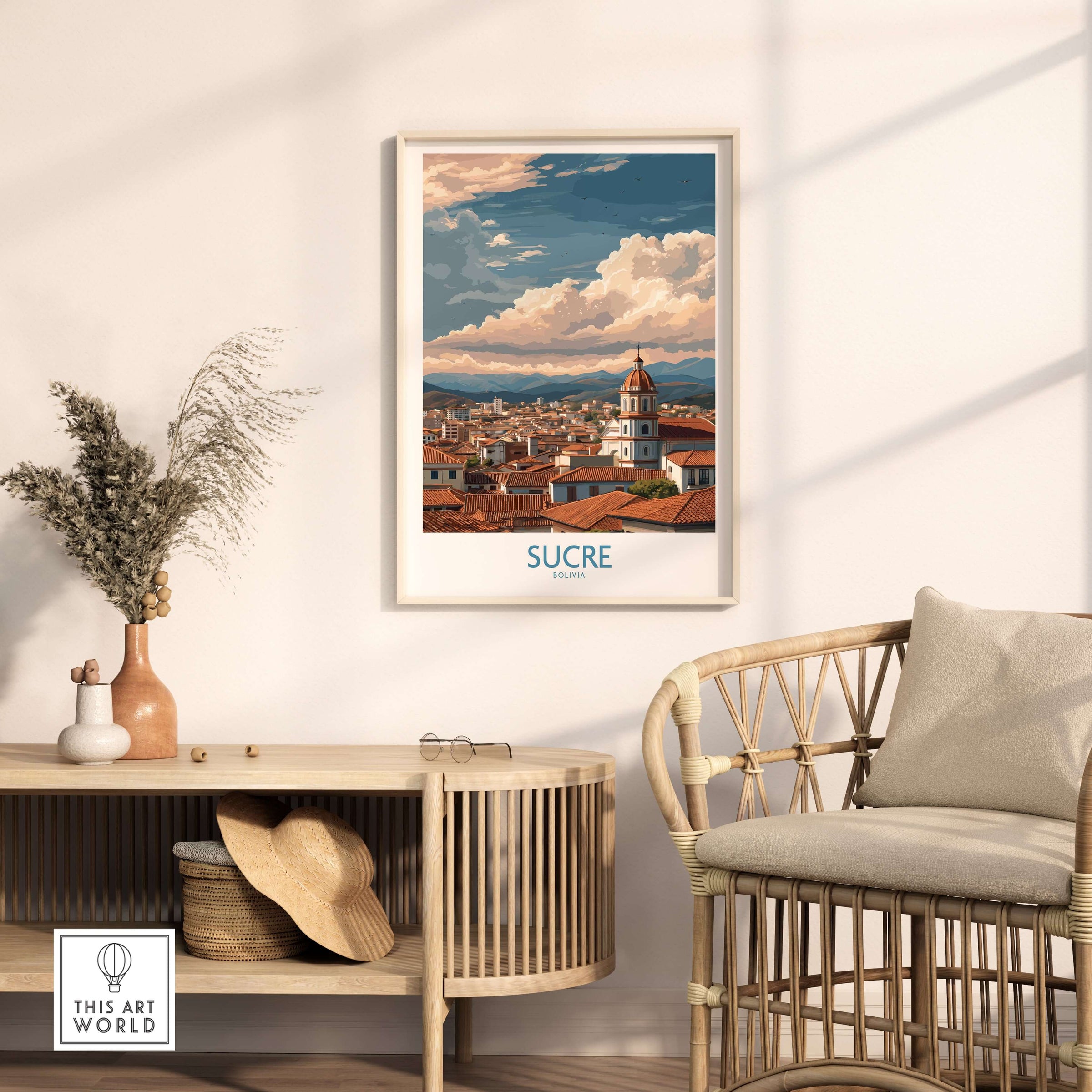 Sucre Bolivia Art Print | Mountain Skyline Poster displayed in a cozy living room setting with natural light.