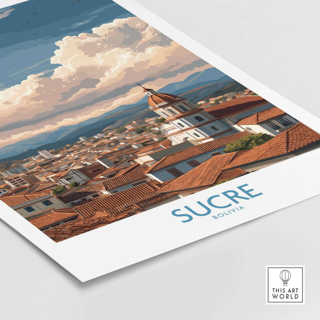 Sucre Bolivia Art Print | Mountain Skyline Poster showcasing the historic cityscape and stunning architecture of Sucre.