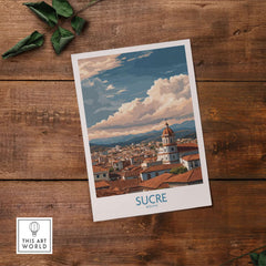 Sucre Bolivia Art Print | Mountain Skyline Poster showcasing a vibrant mountain skyline over Sucre, Bolivia rooftop views.