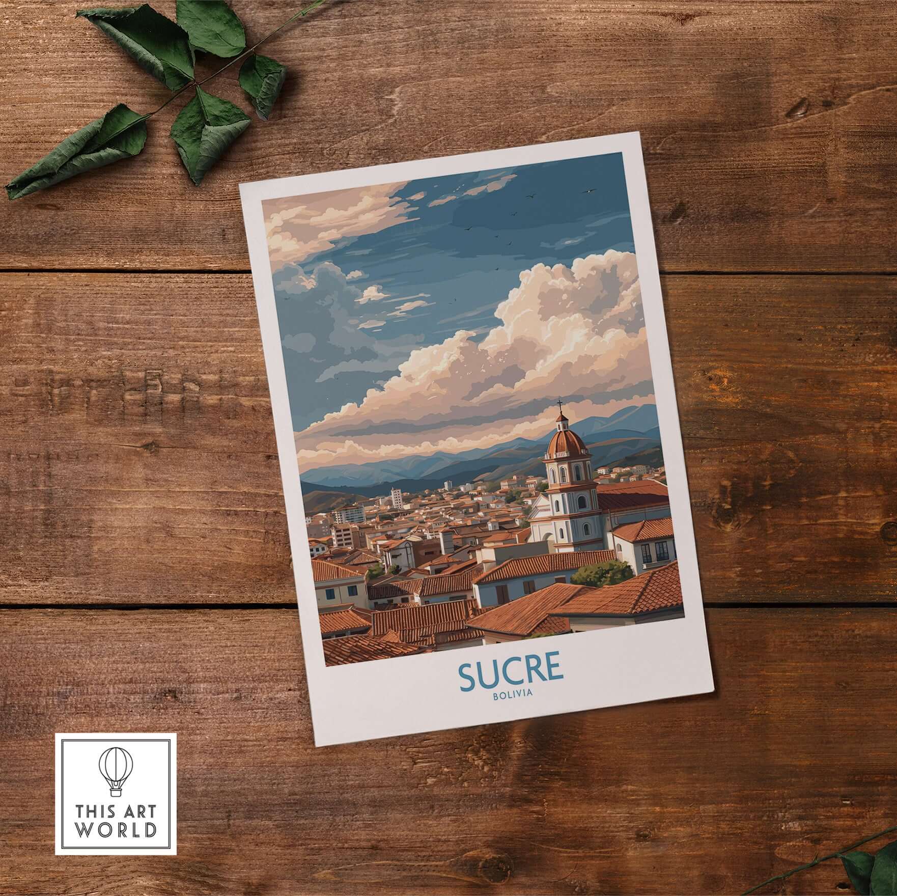 Sucre Bolivia Art Print | Mountain Skyline Poster showcasing a vibrant mountain skyline over Sucre, Bolivia rooftop views.