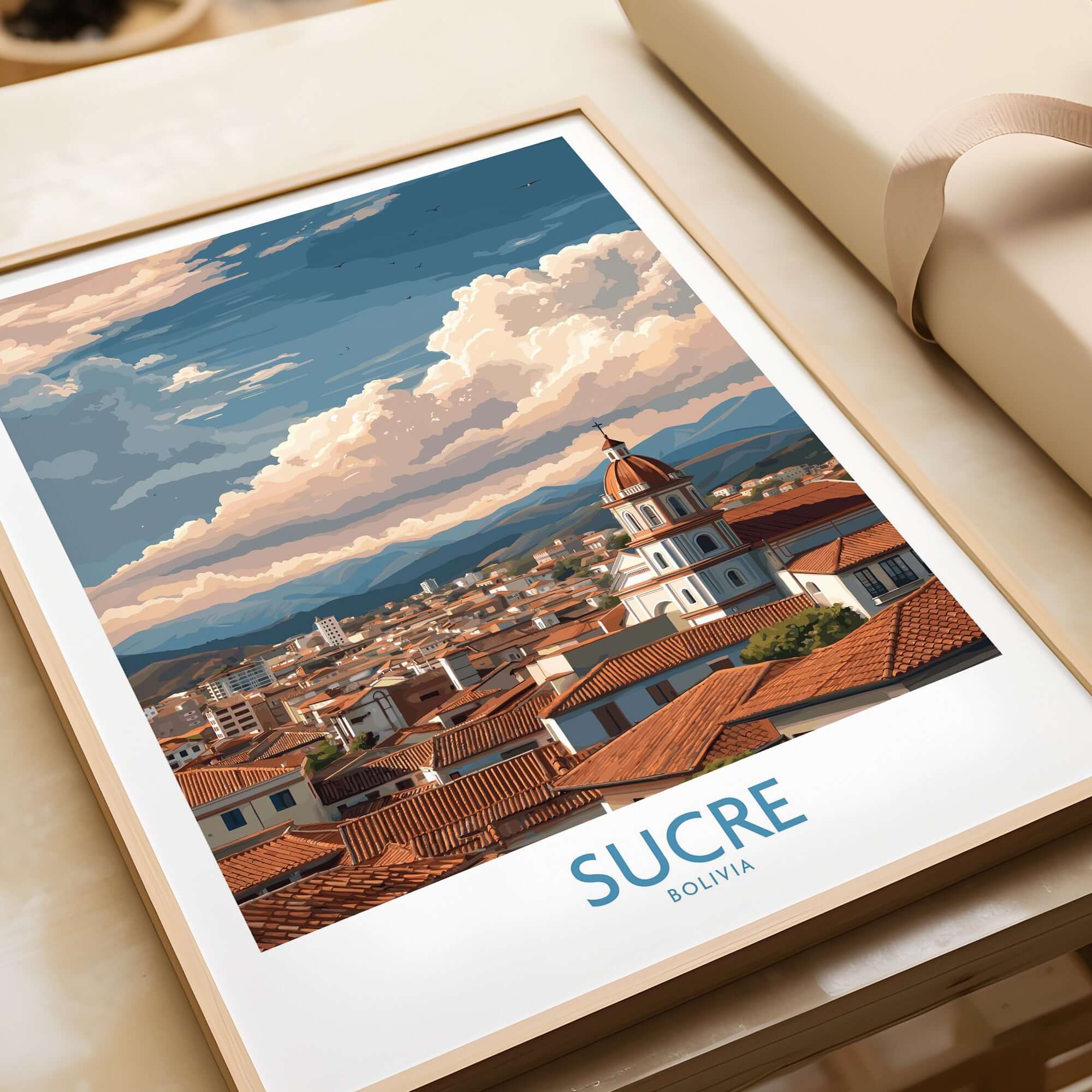 Sucre Bolivia Art Print | Mountain Skyline Poster showcasing stunning rooftops and dramatic clouds in Sucre.