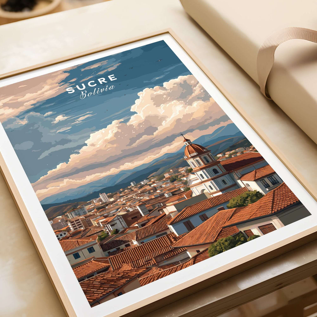 Sucre Print | Bolivian Travel Wall Decor showcasing Sucre's skyline with colonial architecture and stunning clouds.