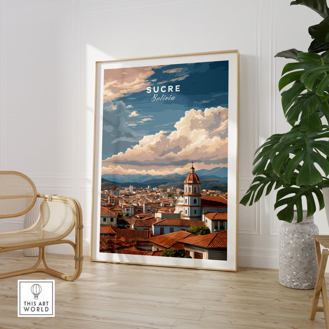 Sucre Print | Bolivian Travel Wall Decor showcasing the skyline of Sucre, Bolivia, framed in an elegant setting.