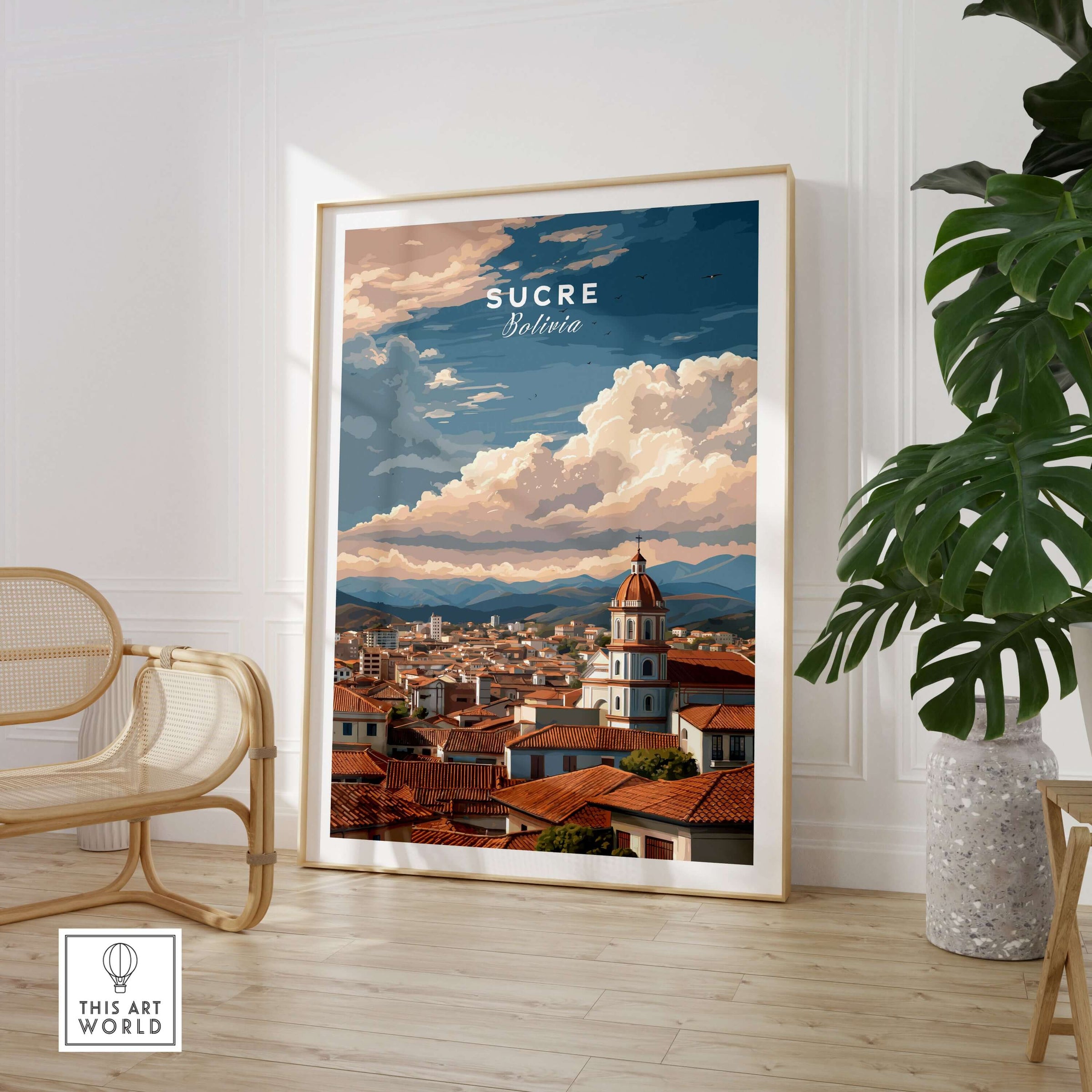 Sucre Print | Bolivian Travel Wall Decor showcasing Sucre's skyline in an elegant framed design.