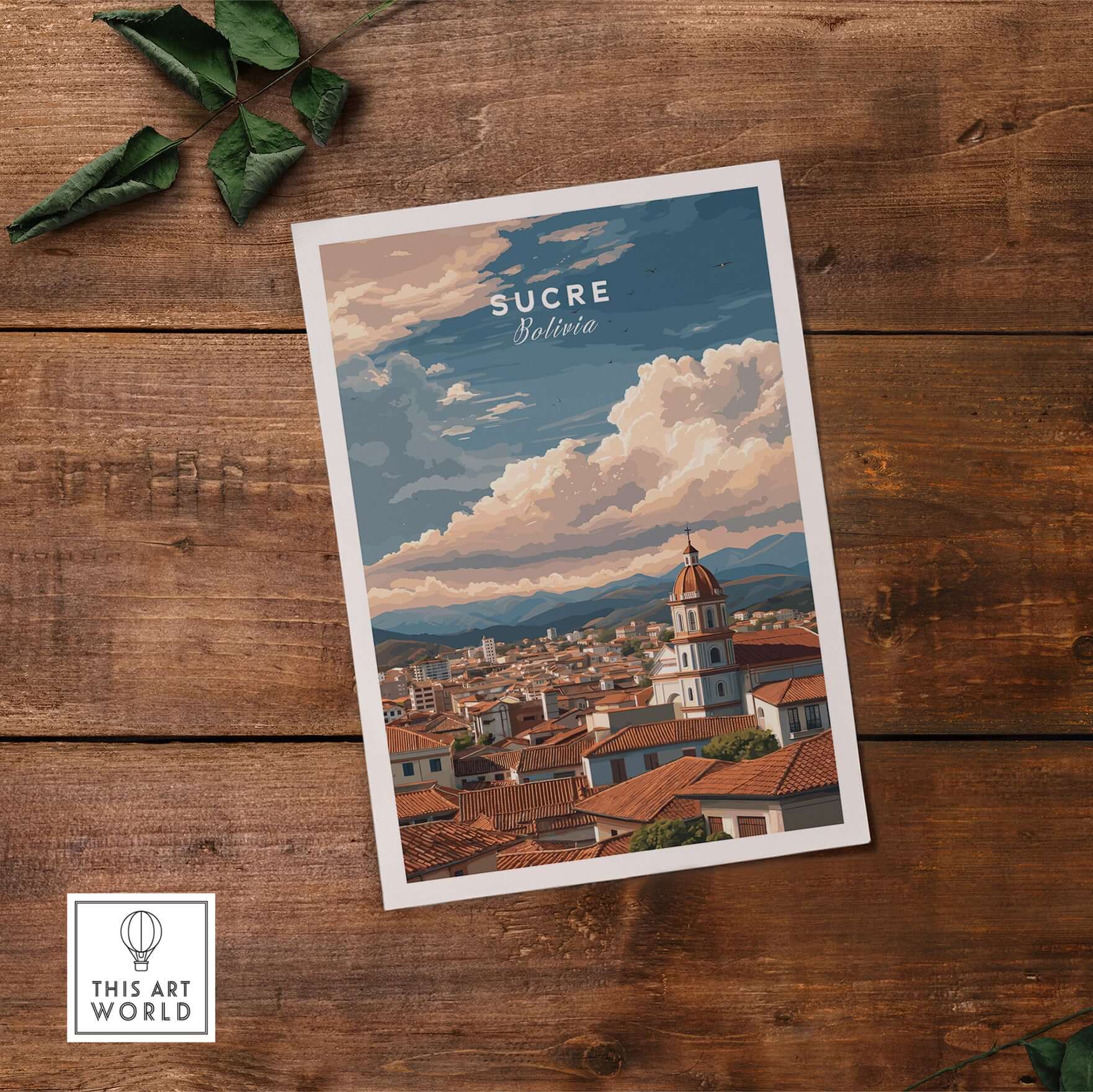 Sucre Print | Bolivian Travel Wall Decor featuring the skyline of Sucre, Bolivia with colonial architecture and vibrant clouds.