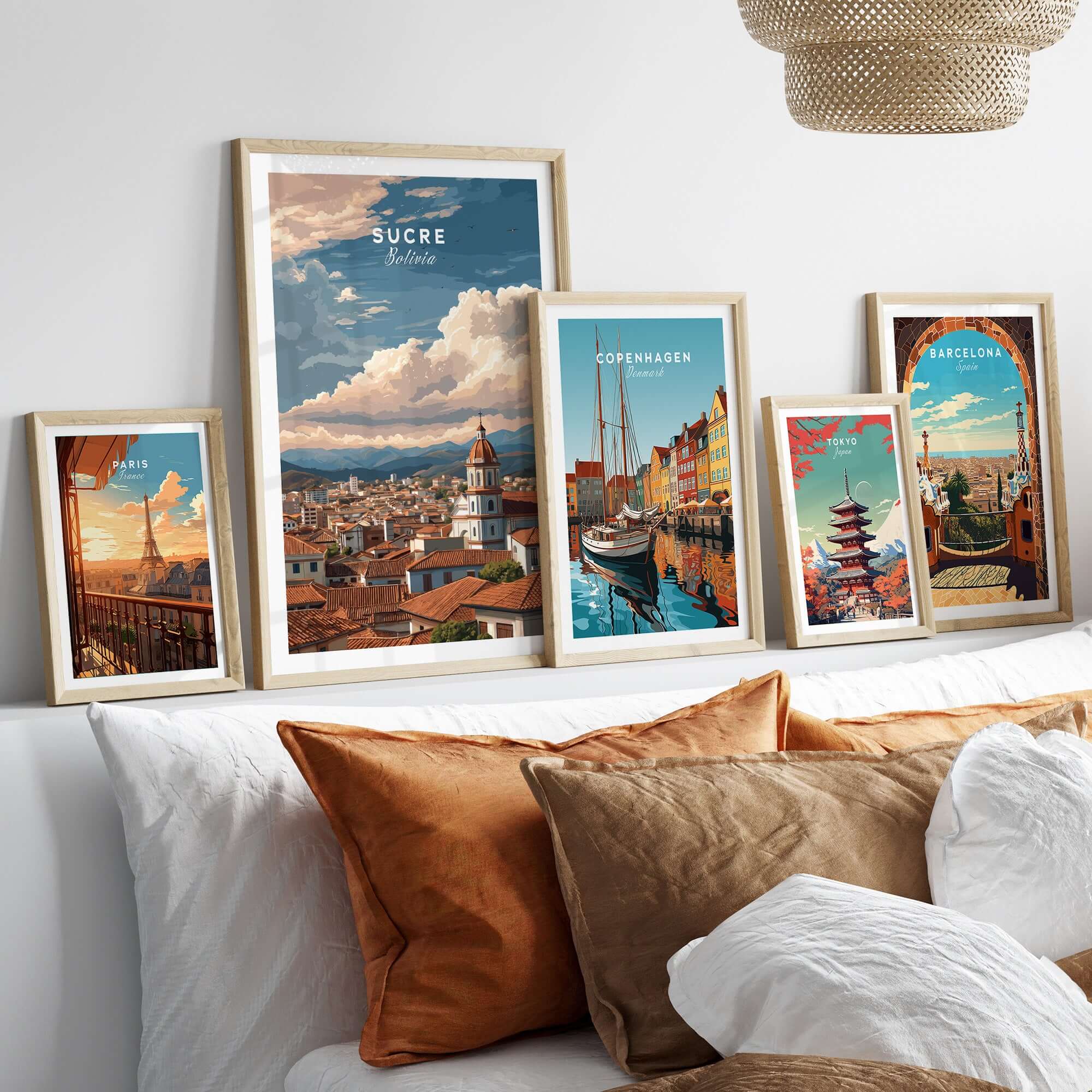 Sucre Print | Bolivian Travel Wall Decor showcased in a stylish framed display over a cozy sofa.