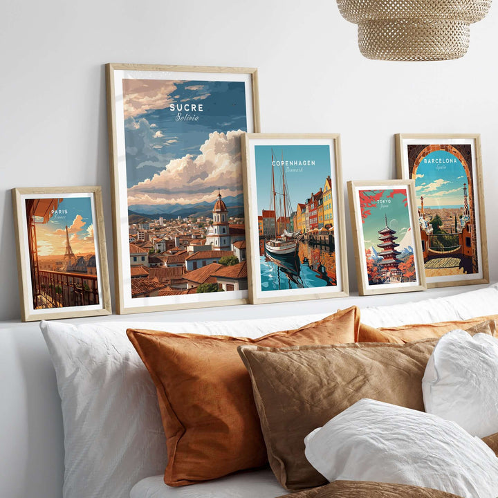 Sucre Print | Bolivian Travel Wall Decor showcasing the skyline of Sucre among other city prints on a stylish wall display.