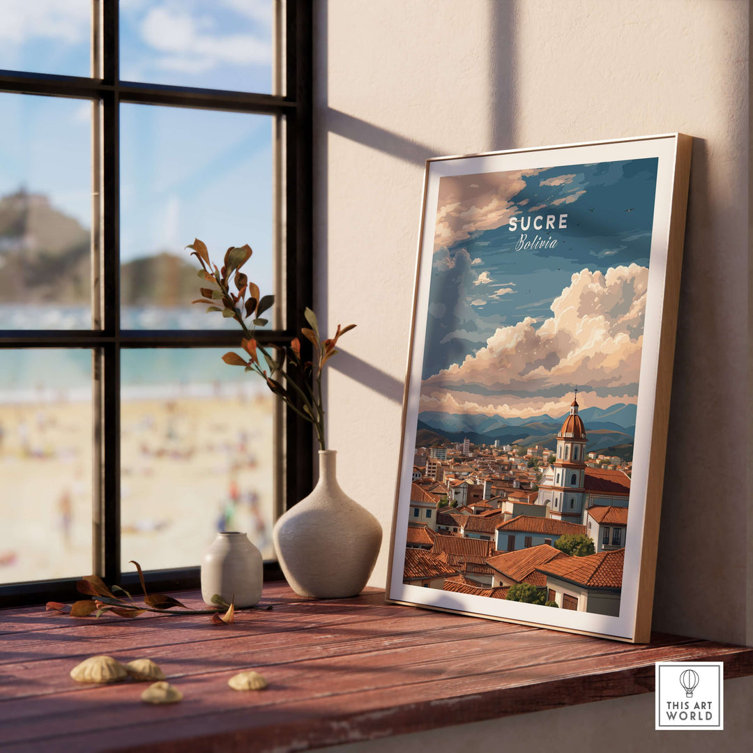 Sucre Print | Bolivian Travel Wall Decor showcasing Sucre's skyline by a sunny window.