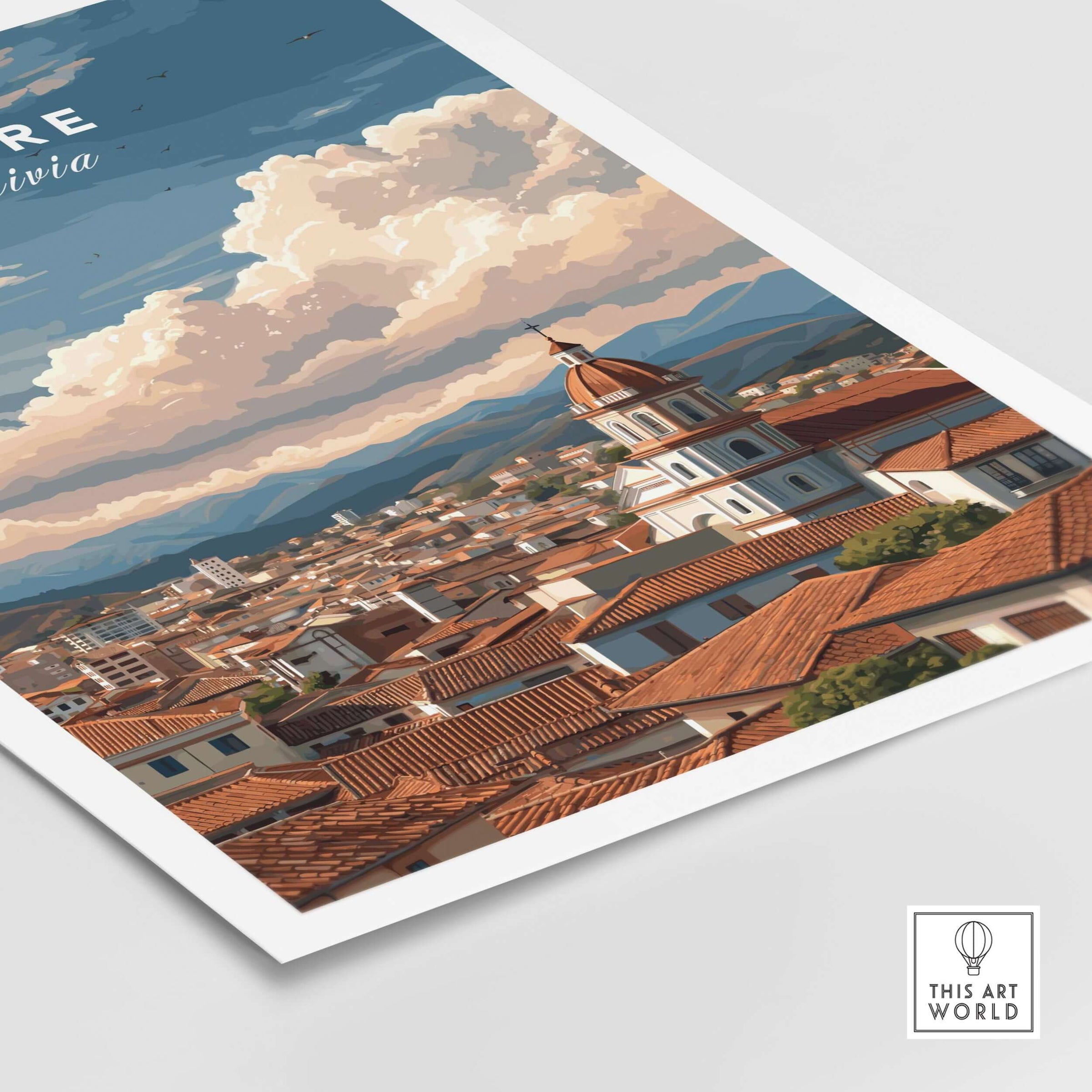 Sucre Print | Bolivian Travel Wall Decor showcasing Sucre's skyline and colonial architecture in vibrant colors.