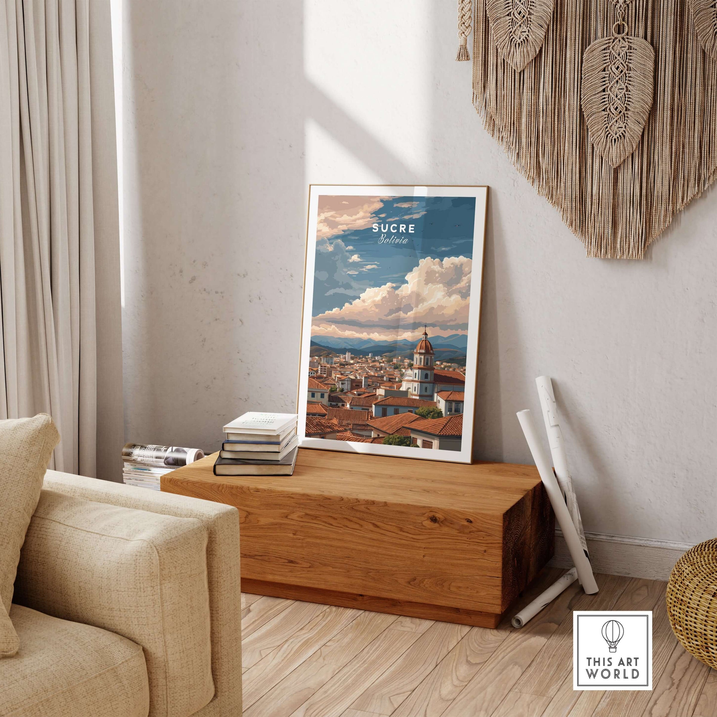 Sucre Print | Bolivian Travel Wall Decor displayed in a cozy living room setting with wooden furniture and decor.