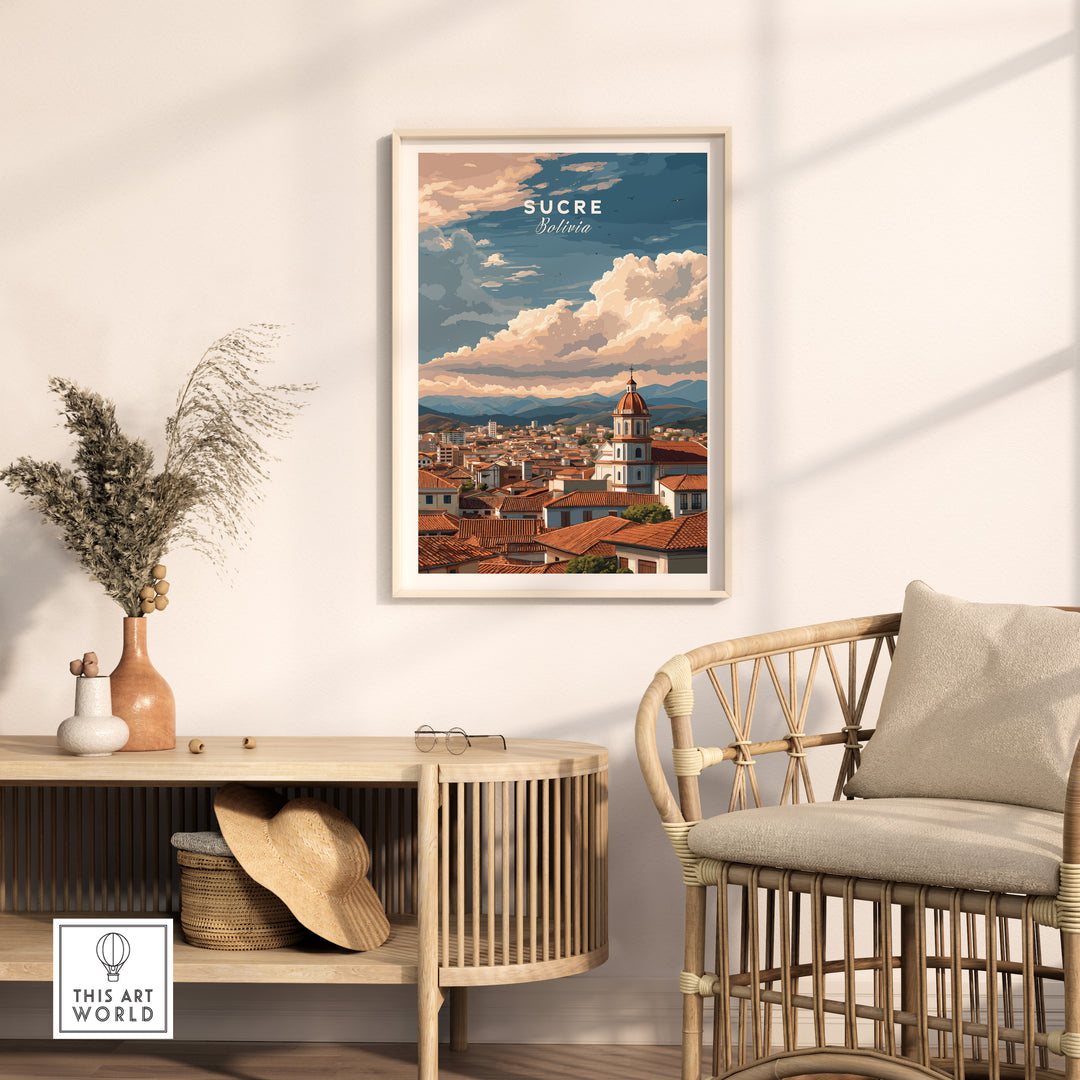 Sucre Print | Bolivian Travel Wall Decor showcasing Sucre's skyline in an elegant interior setting.
