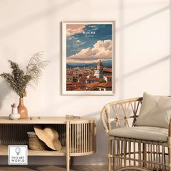 Sucre Print | Bolivian Travel Wall Decor showcasing Sucre's skyline in a stylish living room setting.