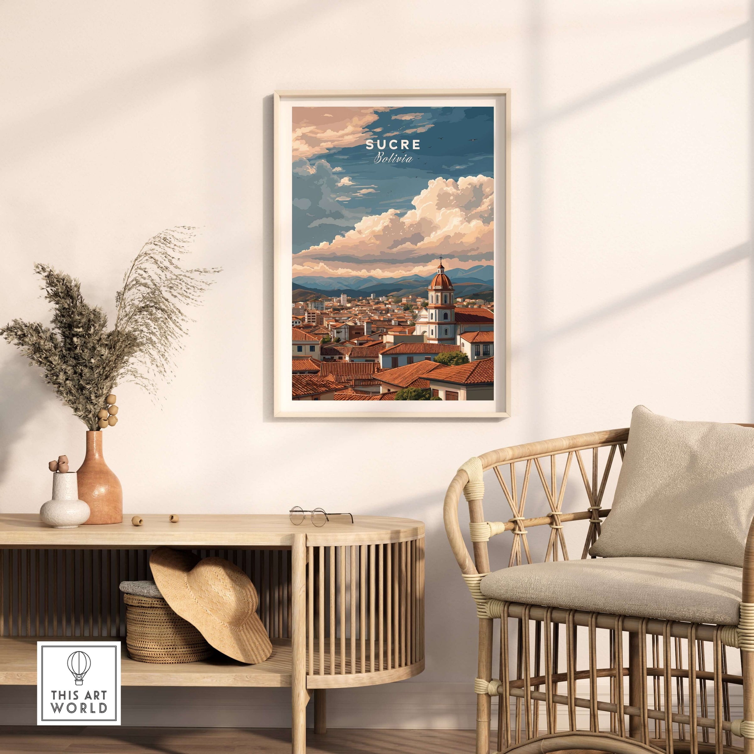 Sucre Print | Bolivian Travel Wall Decor showcasing Sucre's skyline in a stylish living room setting.