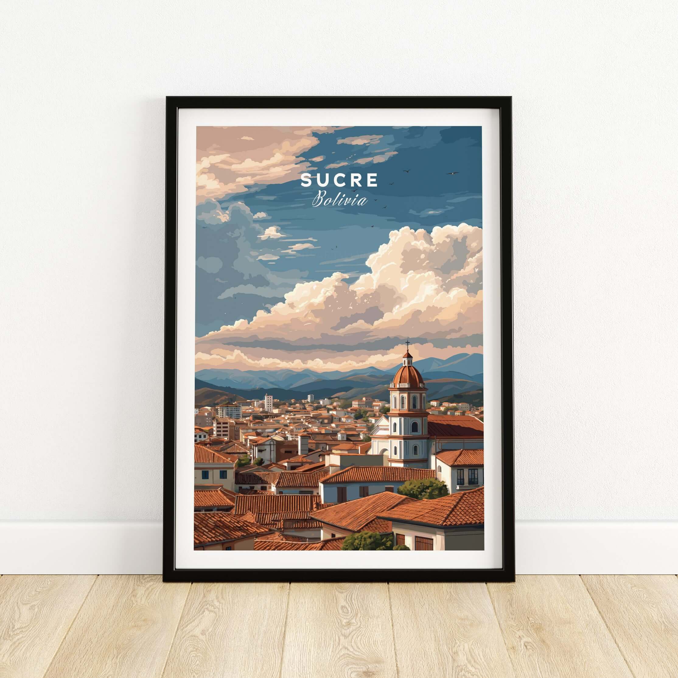 Sucre Print | Bolivian Travel Wall Decor showcasing Sucre's skyline and colonial architecture in vibrant colors.