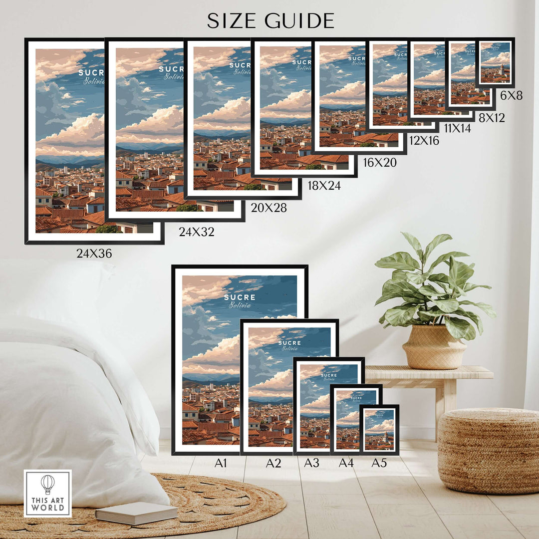 Sucre Print | Bolivian Travel Wall Decor size guide showcasing various frame sizes for home display.
