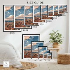 Sucre Print | Bolivian Travel Wall Decor size guide showcasing various frame dimensions for Sucre artwork.