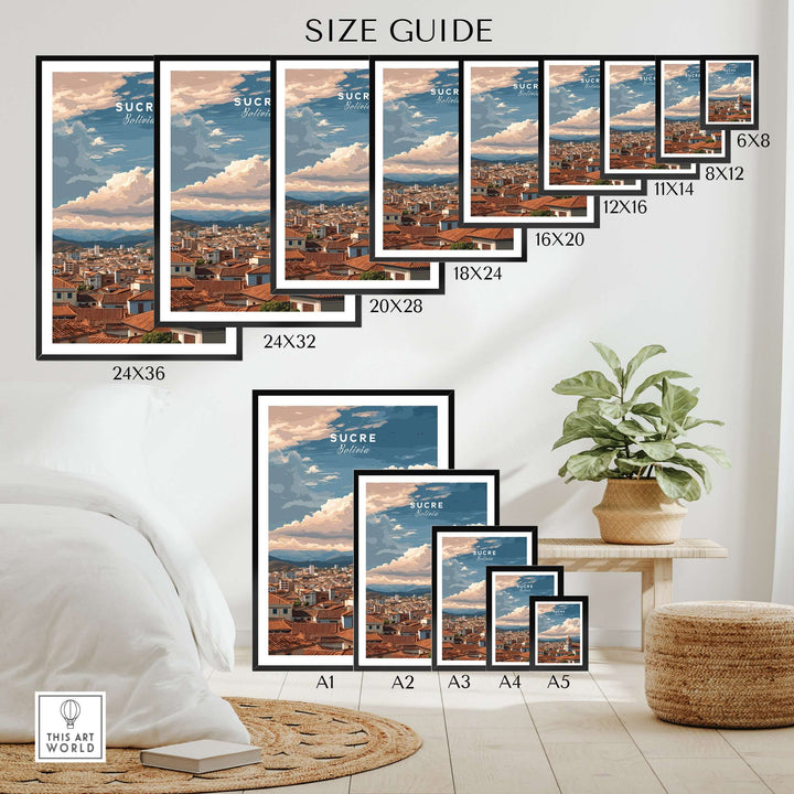 Sucre Print | Bolivian Travel Wall Decor size guide showcasing various frame sizes for home display.