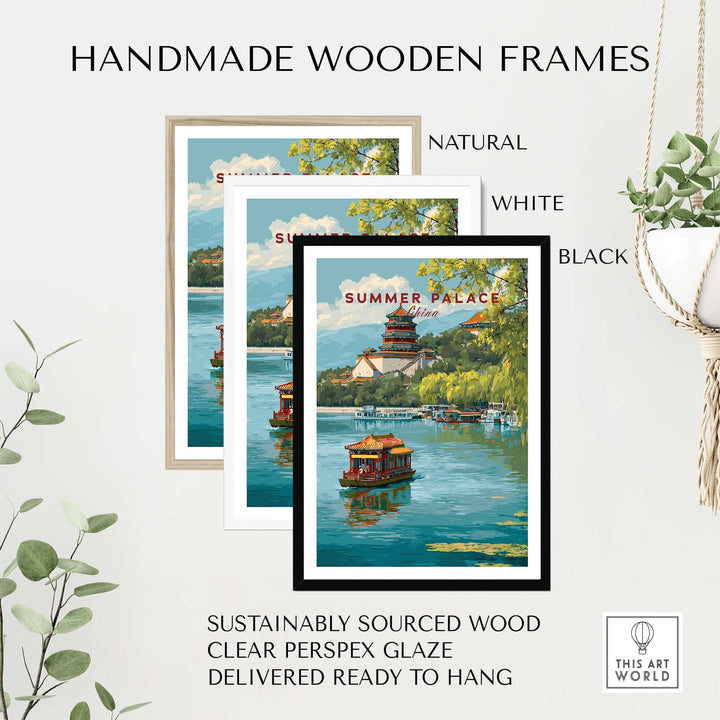 Handmade wooden frames for Summer Palace art poster in natural, white, and black finishes, ready to hang.