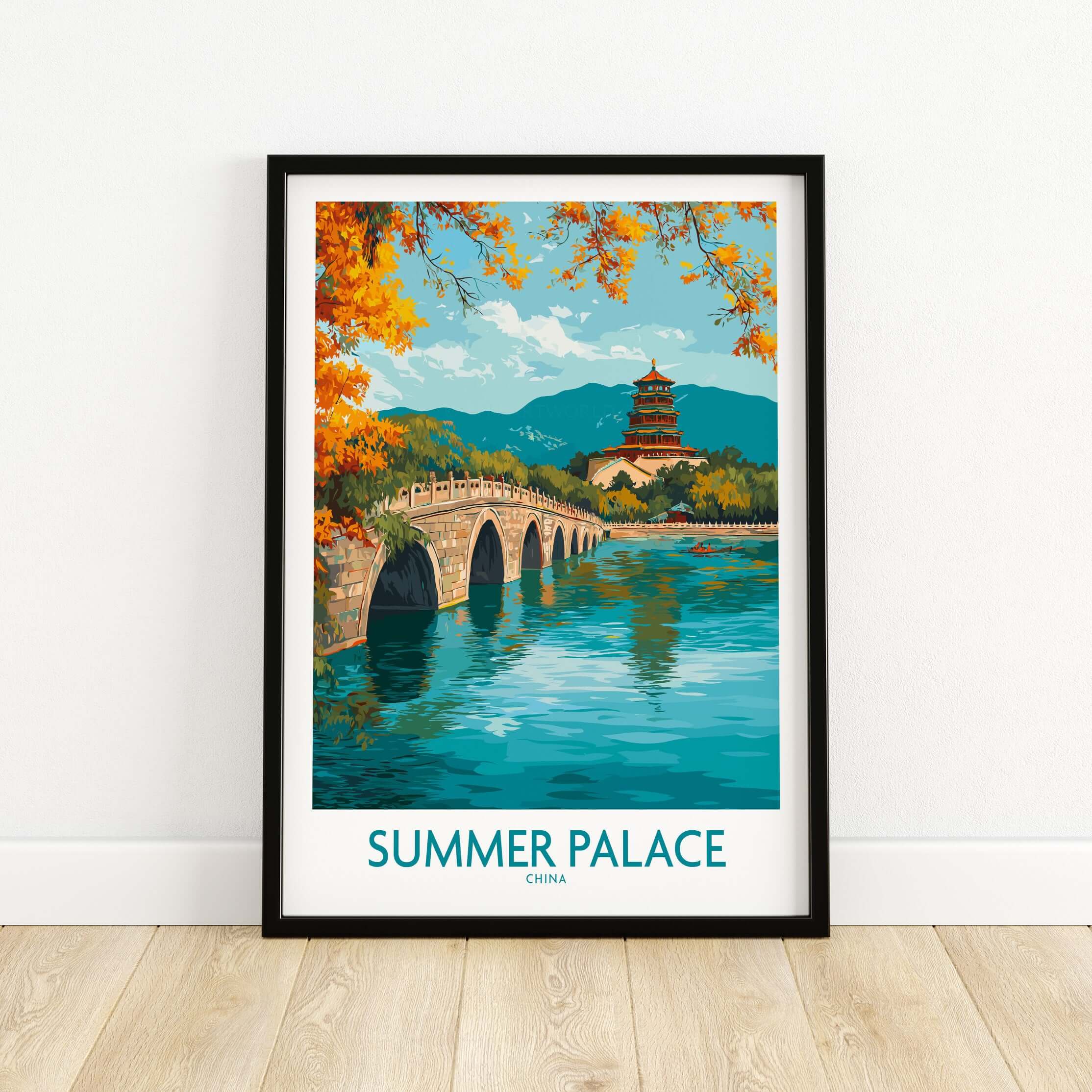 Summer Palace China Autumn Foliage Poster - Scenic Beijing Lake Wall Art with colorful foliage and bridge in tranquil water.