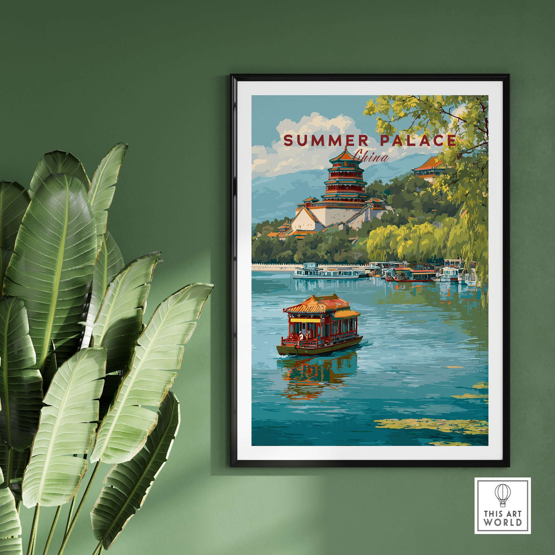 Summer Palace Beijing art poster featuring lake, pavilions, and boat, perfect for home decor.