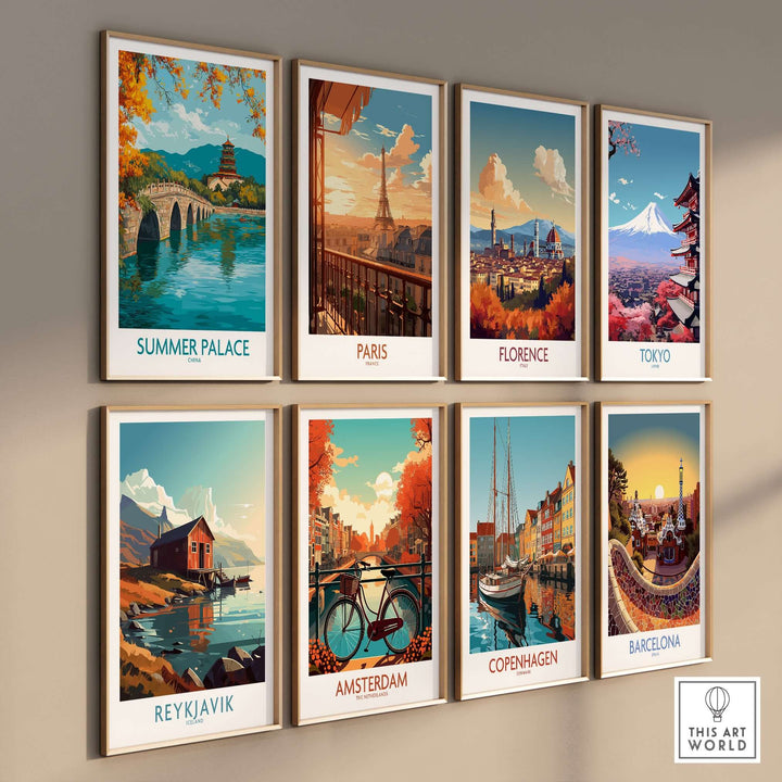 Collage of travel posters featuring Summer Palace, Paris, Florence, Tokyo, Reykjavik, Amsterdam, Copenhagen, and Barcelona.