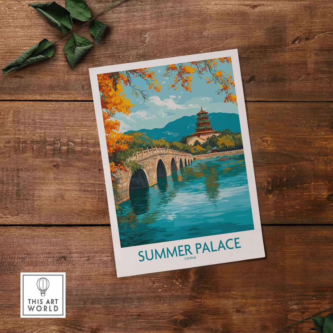 Summer Palace autumn foliage poster showcasing vibrant colors and a tranquil lake in Beijing, China wall art decor.