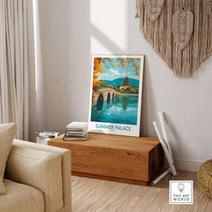 Summer Palace China Autumn Foliage Poster - Scenic Beijing Lake Wall Art displayed in a stylish living room.