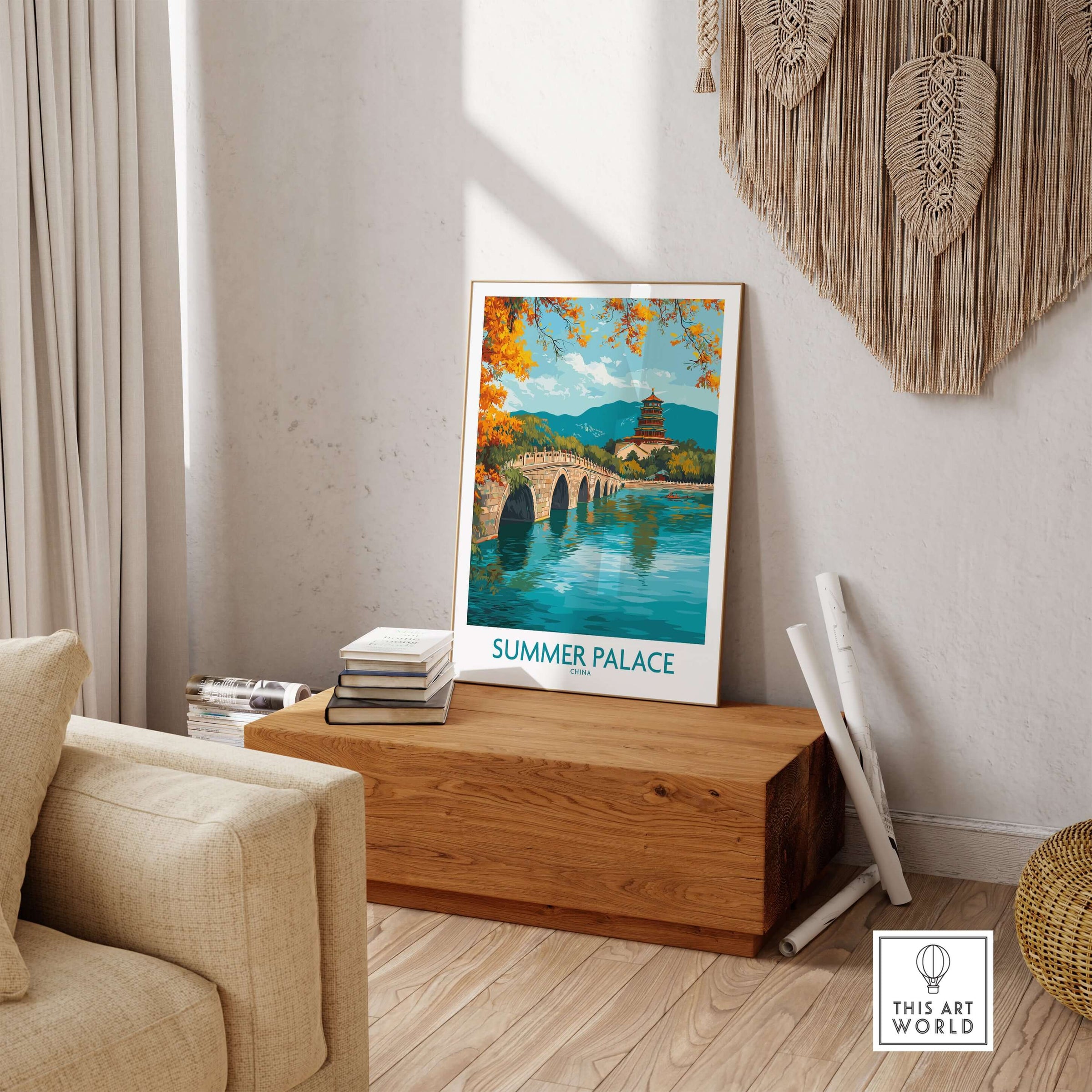 Summer Palace China Autumn Foliage Poster - Scenic Beijing Lake Wall Art displayed in a stylish living room.