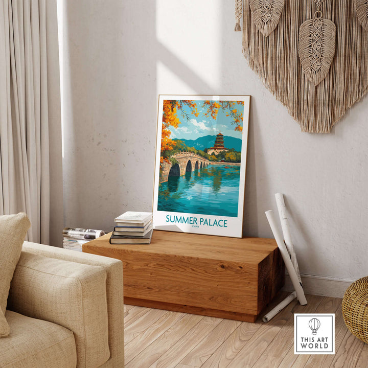 Summer Palace autumn foliage poster showcasing vibrant colors and serene lake view, perfect for wall art decor.