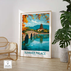 Summer Palace China Autumn Foliage Poster - Scenic Beijing Lake Wall Art showcased in a stylish interior setting.