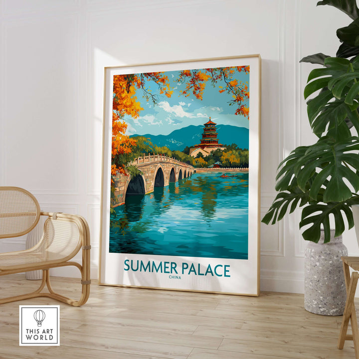 Summer Palace China Autumn Foliage poster featuring vibrant colors, tranquil lake, and historical architecture.