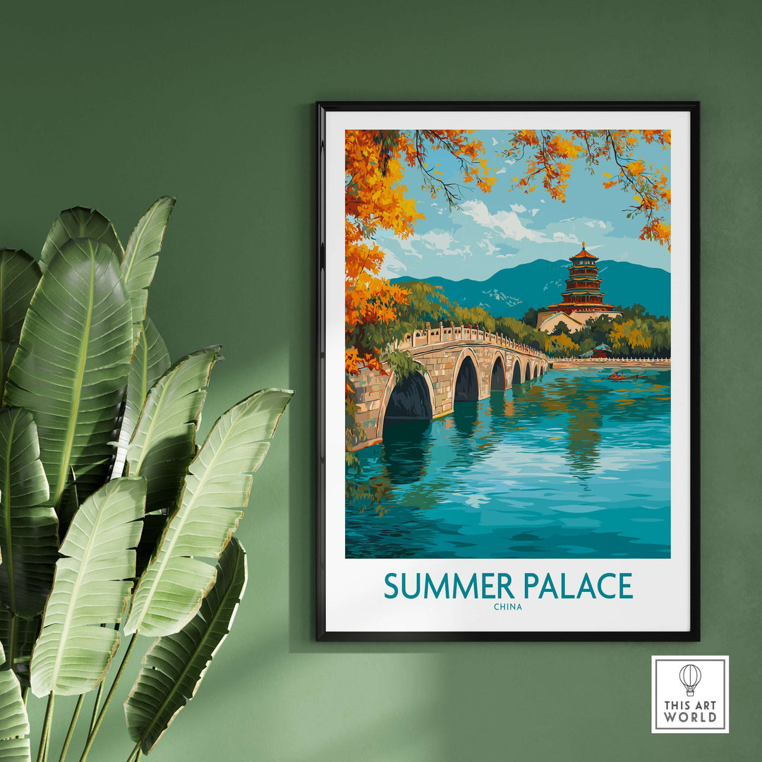 Summer Palace autumn foliage poster featuring vibrant colors and serene lake in Beijing, China.