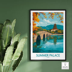Summer Palace China Autumn Foliage Poster - Scenic Beijing Lake Wall Art showcasing autumn scenery and tranquil lake.