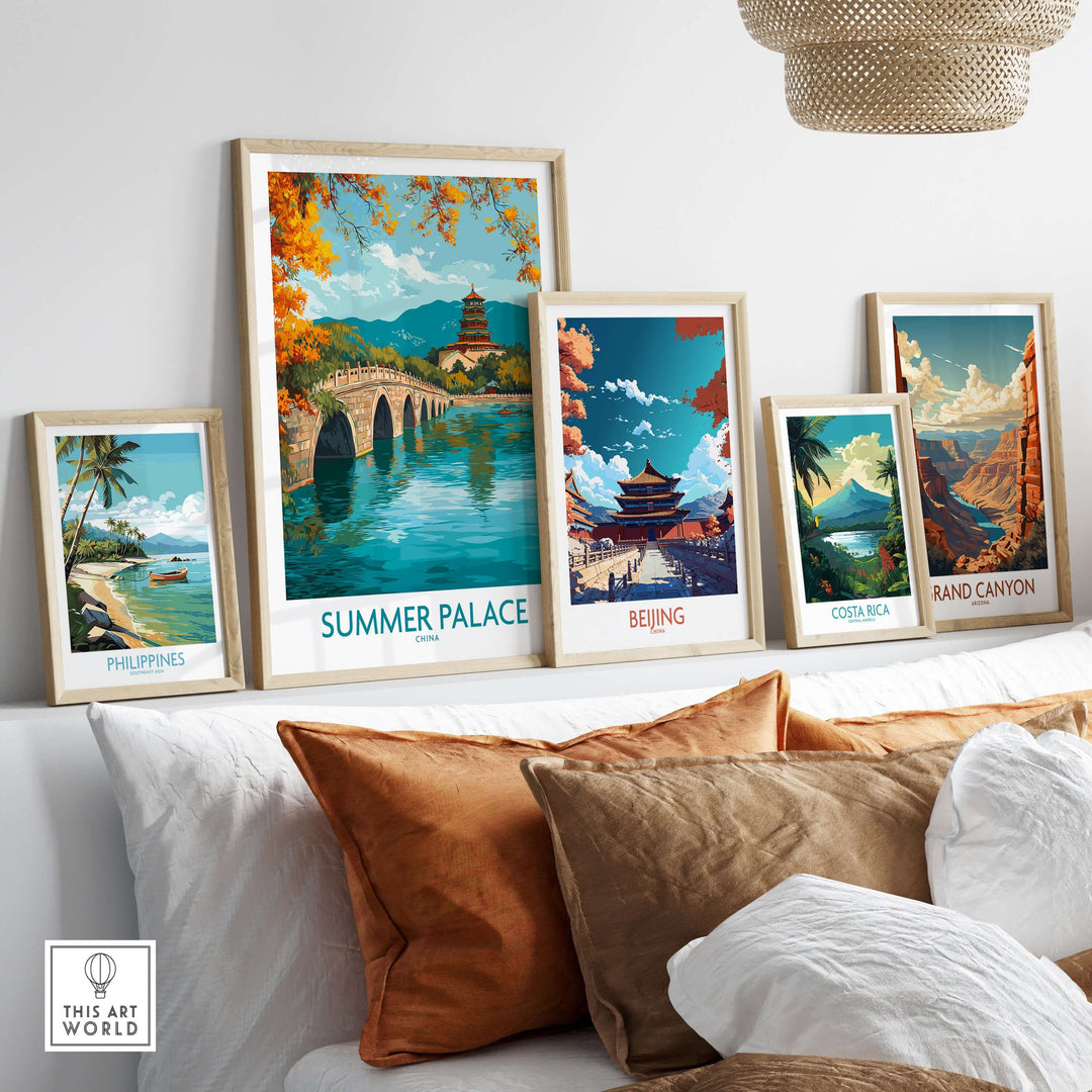 Framed posters of Summer Palace, Beijing, Philippines, Costa Rica, and Grand Canyon showcased on a decorative wall.