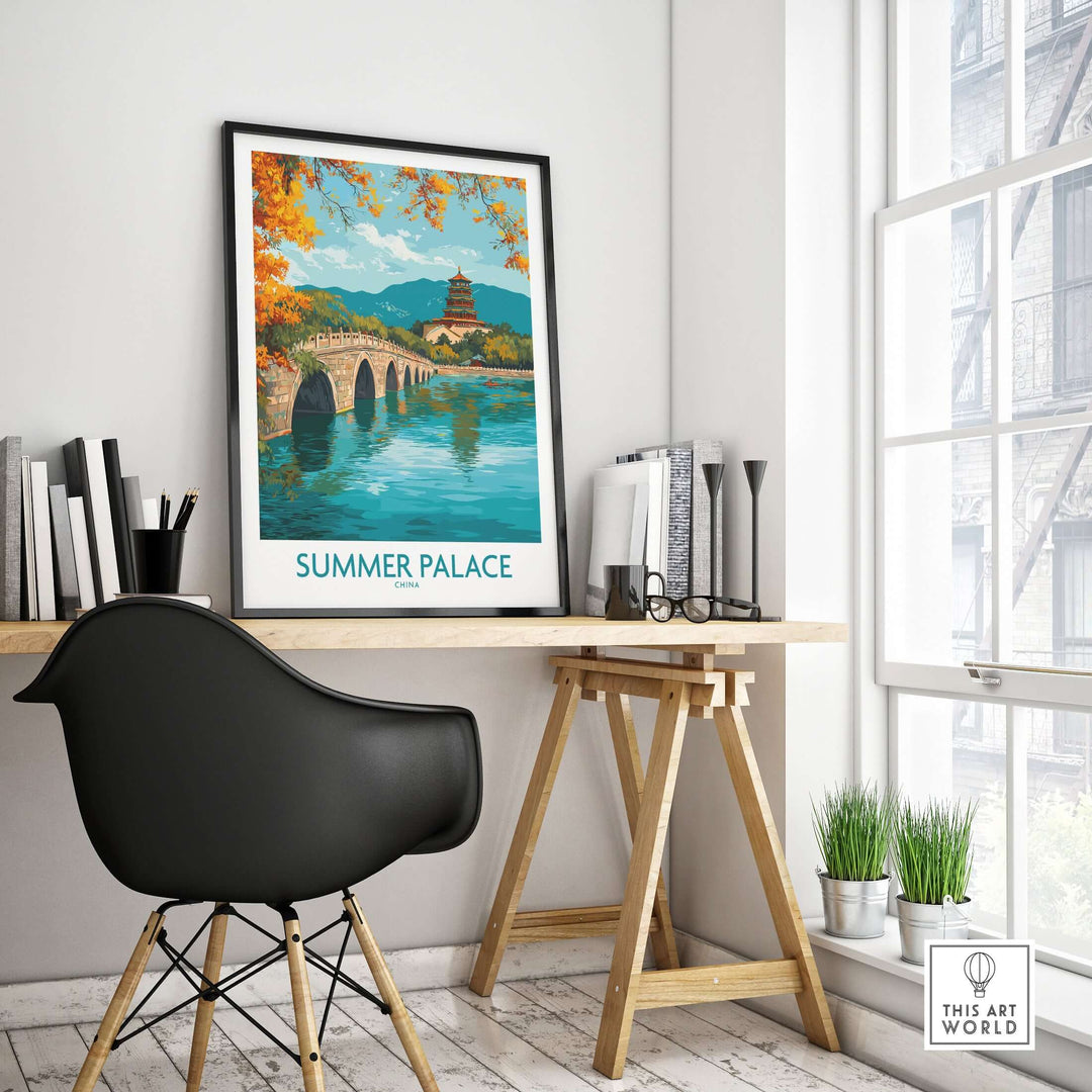 Summer Palace autumn foliage poster in modern office setting, showcasing scenic Beijing lake and bridge.